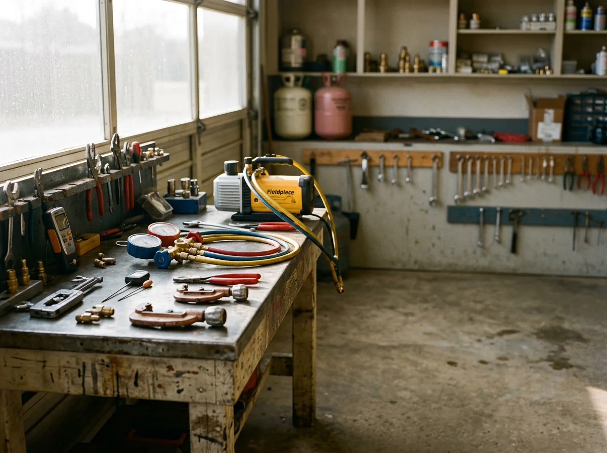 HVAC technician tools and equipment on a work surface, representing the trade expertise and service readiness of a residential air conditioning company.