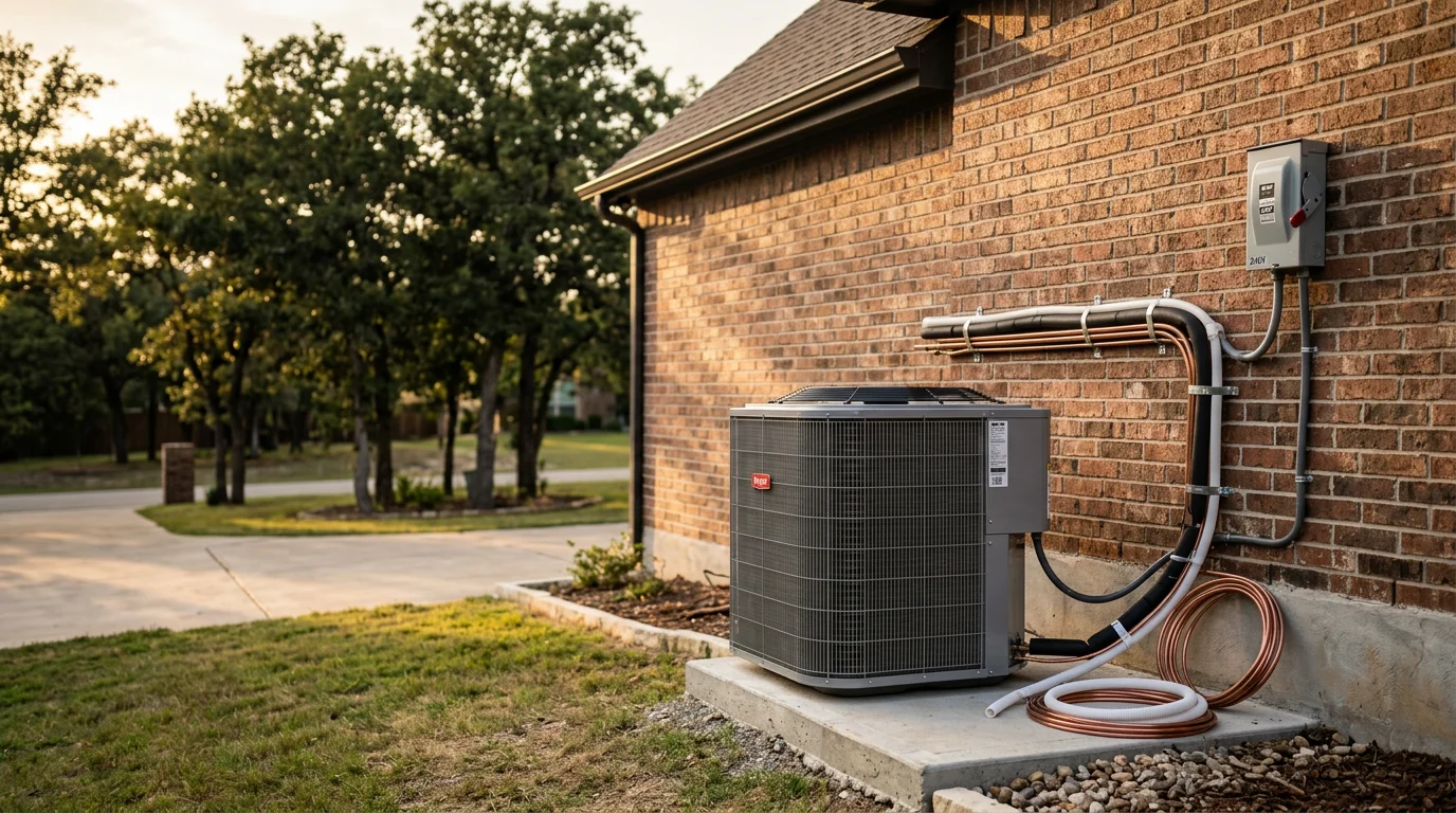 HVAC technician servicing an air conditioning unit at a residential home in North Texas