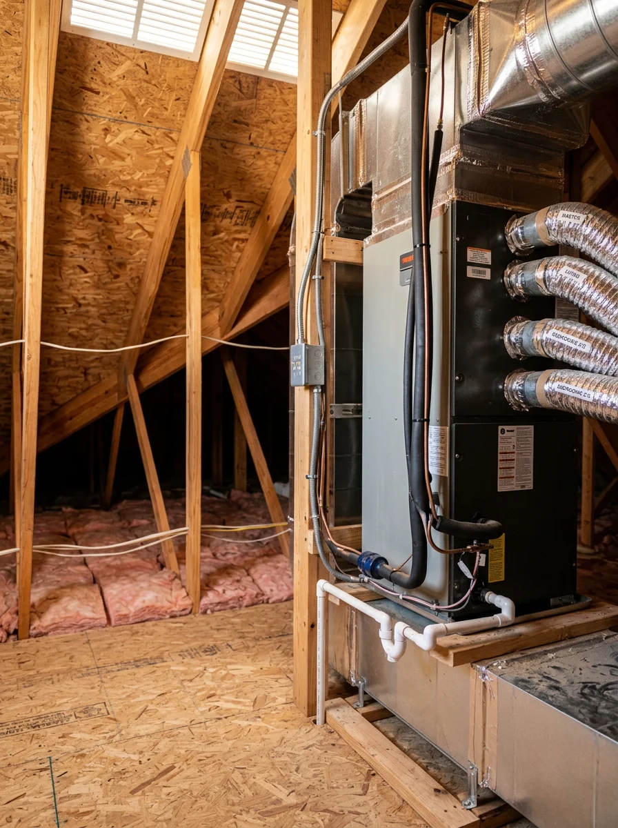 Multi-zone HVAC air handler unit installed in an attic space of a large residential home in Argyle, TX, showing ductwork connections and equipment in a hot attic environment.