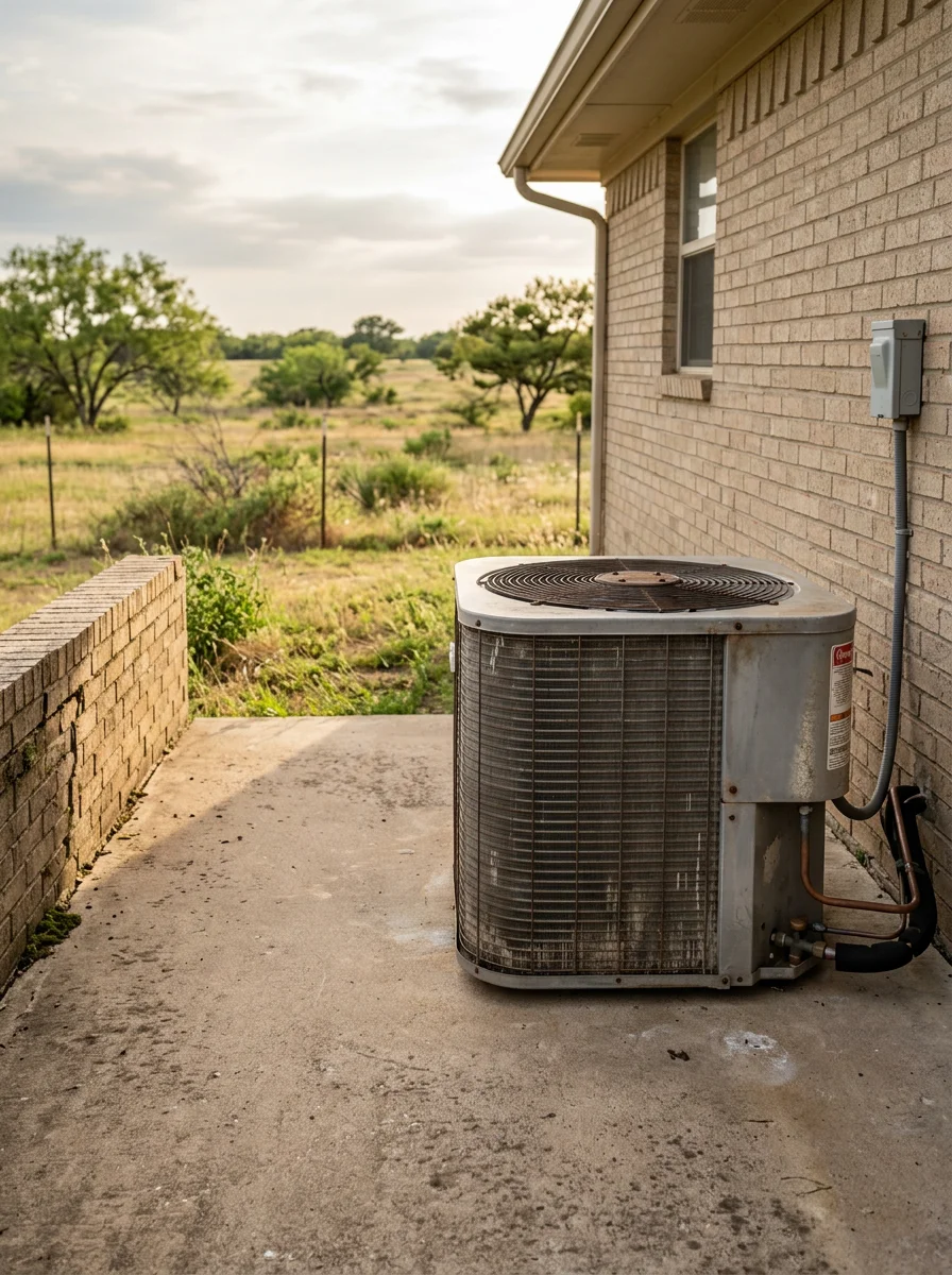 Outdoor heat pump condenser unit on a concrete pad beside an acreage home in Aubrey, TX, with a ranch-style structure and open land behind it.