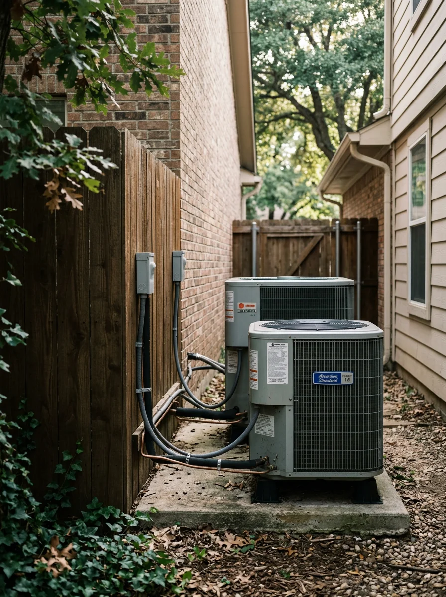 Residential air conditioning condenser units installed in a tight side-yard space between two homes in a Corinth, Texas neighborhood.