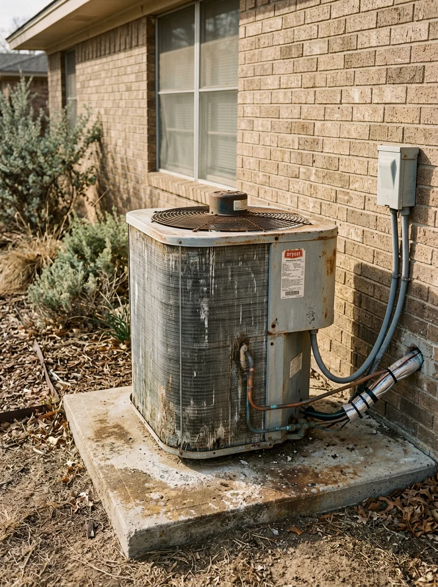 Older HVAC condenser unit beside a ranch-style home in Decatur, TX, showing weathered equipment that has been running through multiple North Texas summers.