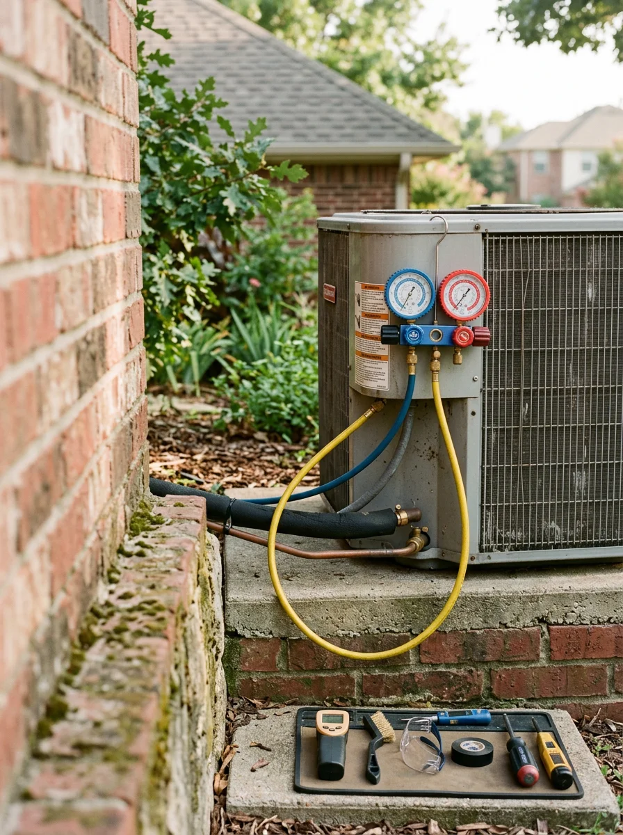 Close-up of an HVAC technician checking refrigerant levels on a residential air conditioning system in Denton, Texas.