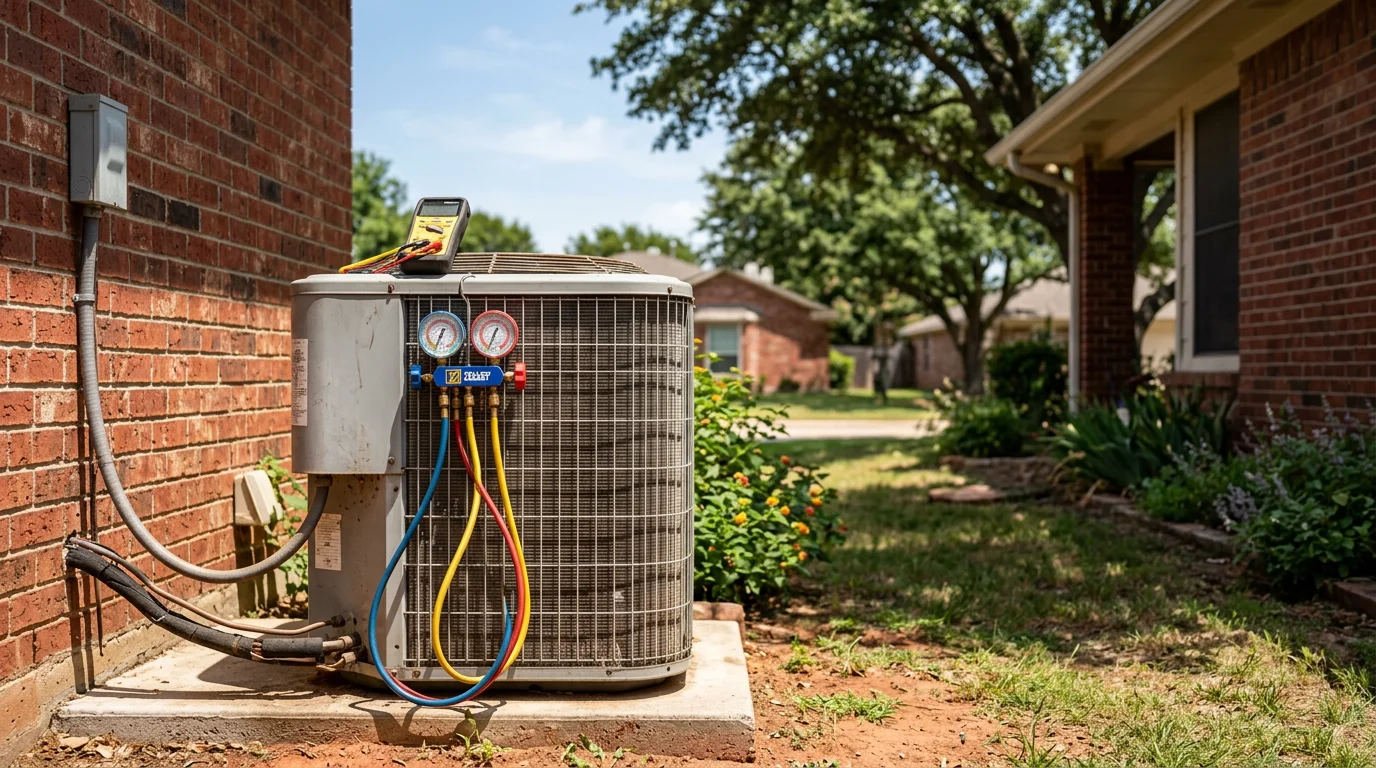 HVAC technician inspecting an outdoor condenser unit beside a single-family home in a Denton, TX subdivision on a hot summer day.