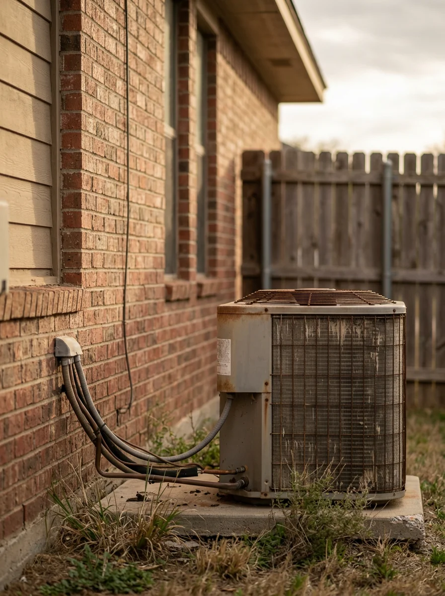 Residential HVAC condenser unit installed beside a mid-century home in Gainesville, TX, showing weathered equipment exposed to North Texas wind and dust.