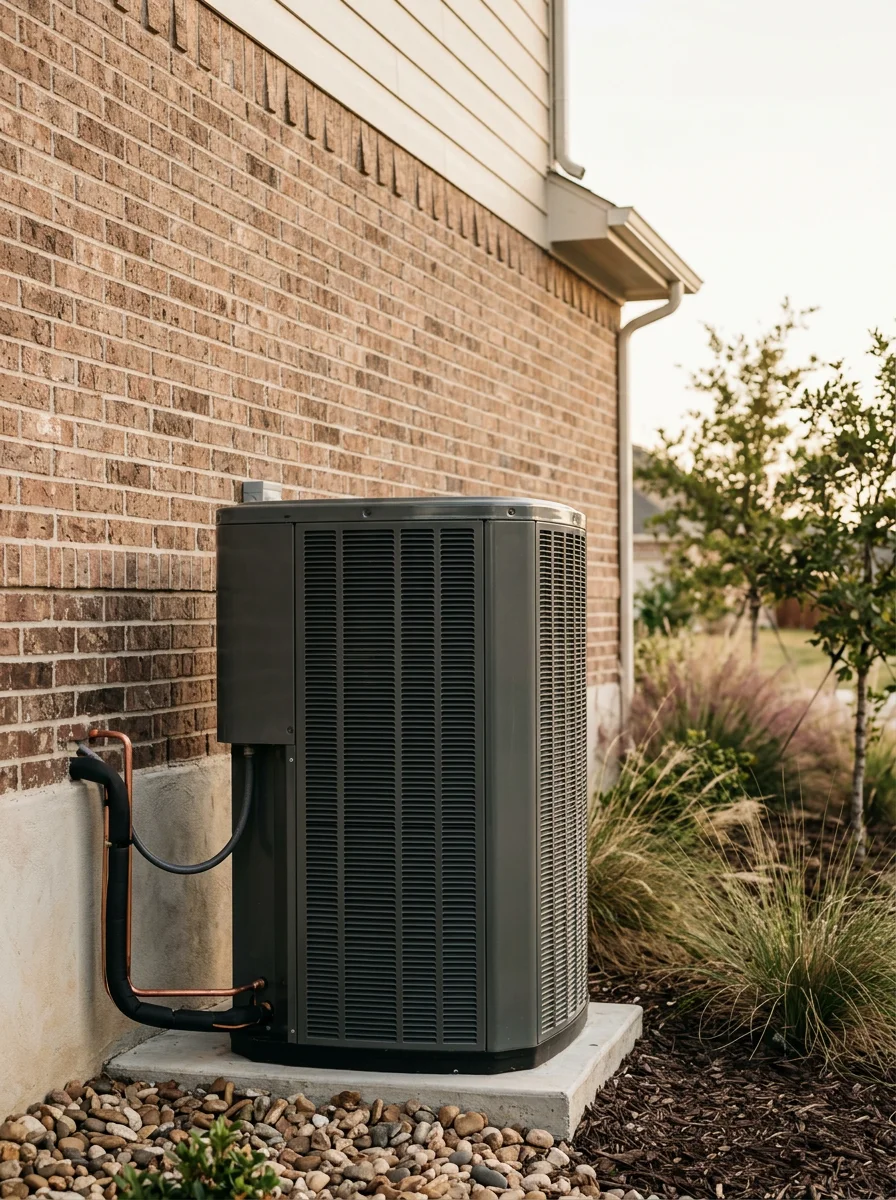 Air conditioning unit installed on side of newer residential home in Krum with landscaping
