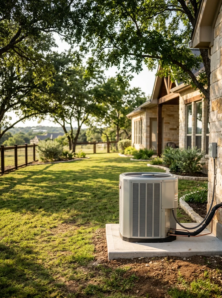Custom acreage home in Bartonville, Texas with a new HVAC condenser unit on a concrete pad, surrounded by spacious landscaped grounds and mature trees.