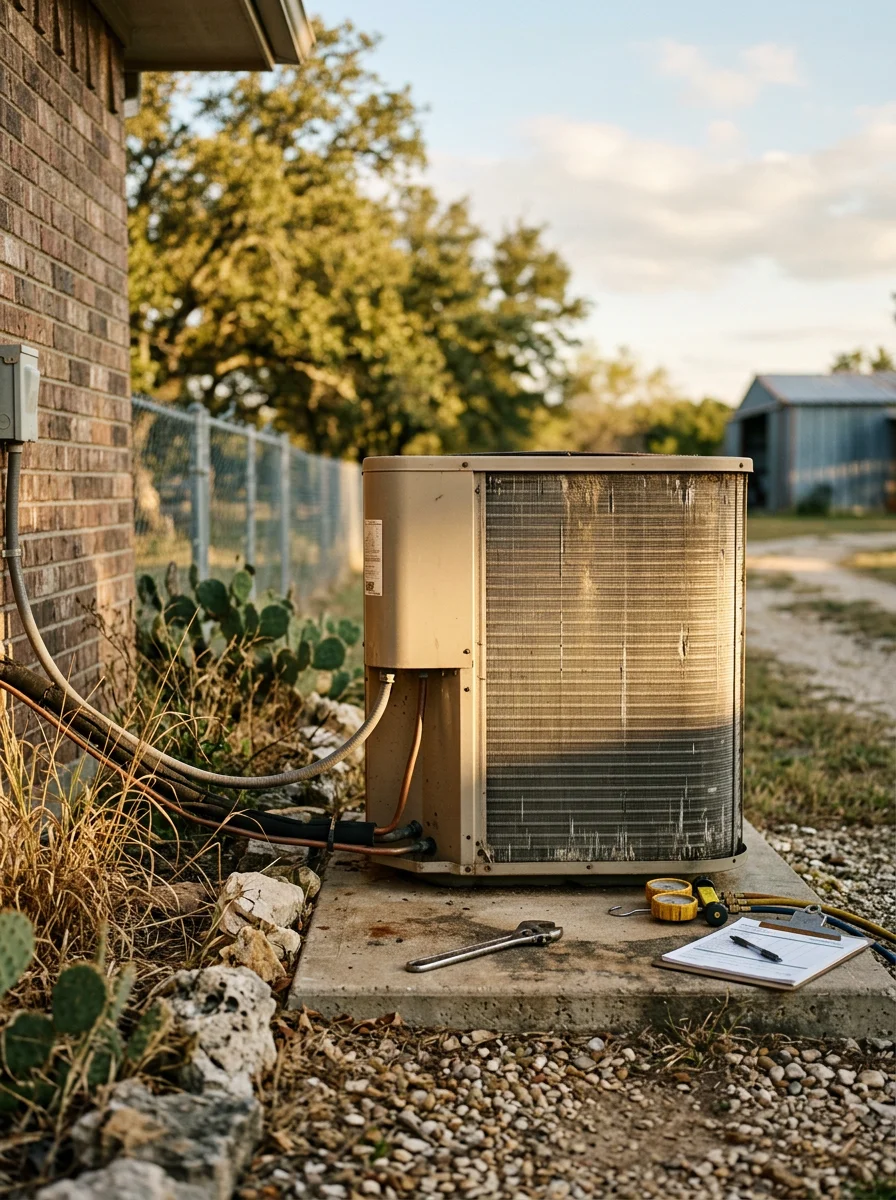 Technician performing AC maintenance on outdoor unit in rural Ponder residential area