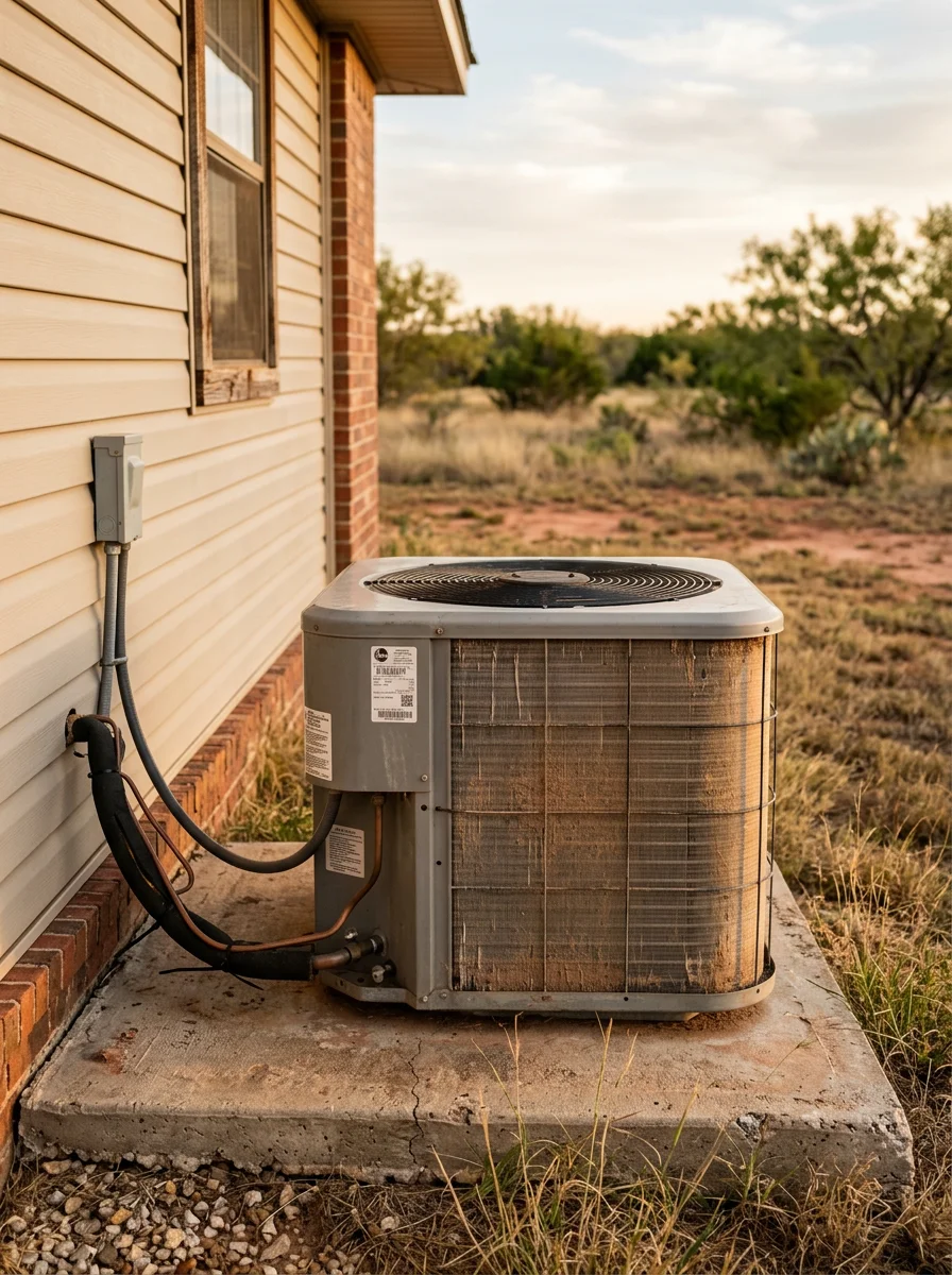Residential HVAC condenser unit installed on a concrete pad beside an acreage home in Sanger, TX, with dust-covered fins visible on the coil.