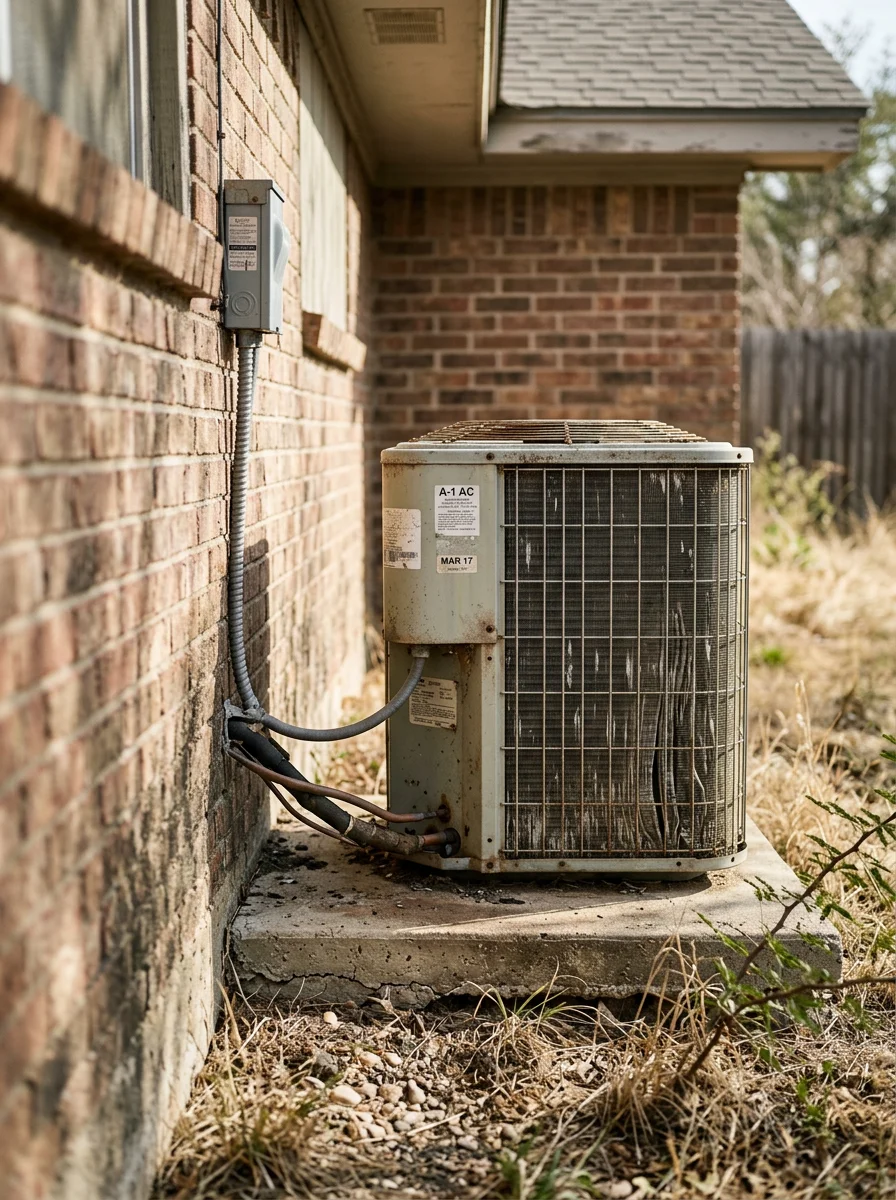 Technician servicing air conditioning compressor on older residential unit in Valley View