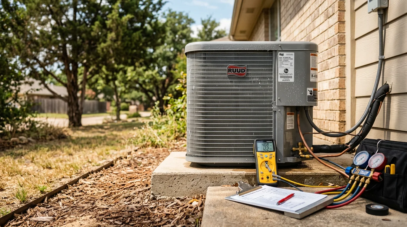 An HVAC technician inspecting and cleaning the outdoor condenser unit of a residential A/C system on a sunny day in Denton, Texas. The unit sits beside a brick home typical of North Texas neighborhoods, with the technician checking coil condition and electrical components.