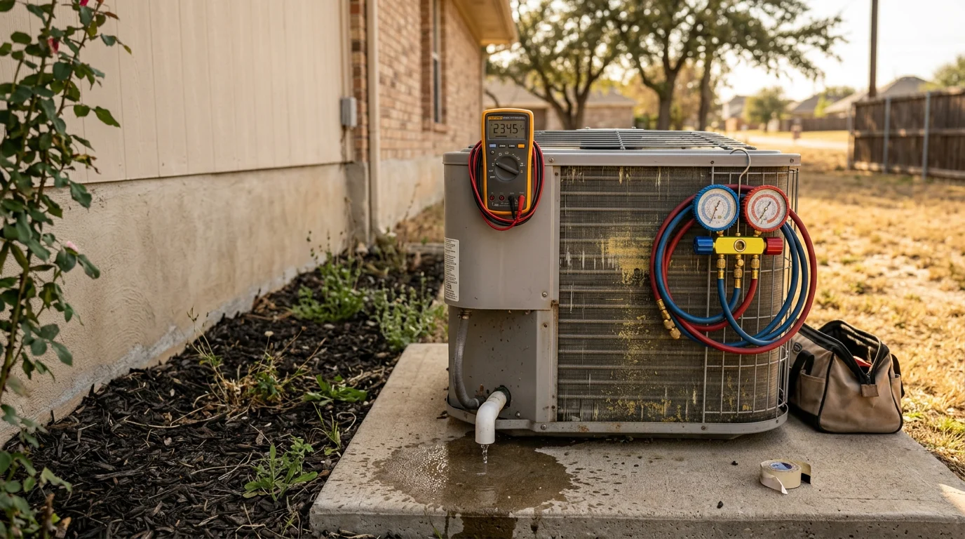 An HVAC technician cleaning the condenser coils of a residential air conditioning unit outside a home in Denton, Texas. The outdoor unit sits on a concrete pad beside the house during a clear North Texas day.