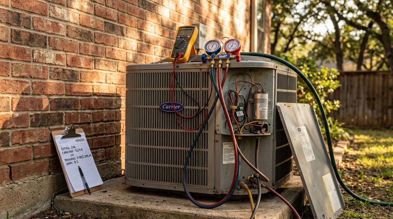 An HVAC technician inspecting the outdoor condenser unit of a residential air conditioning system on a sunny day in Denton, Texas. The technician is checking internal components with a service tool while the home's exterior is visible in the background.