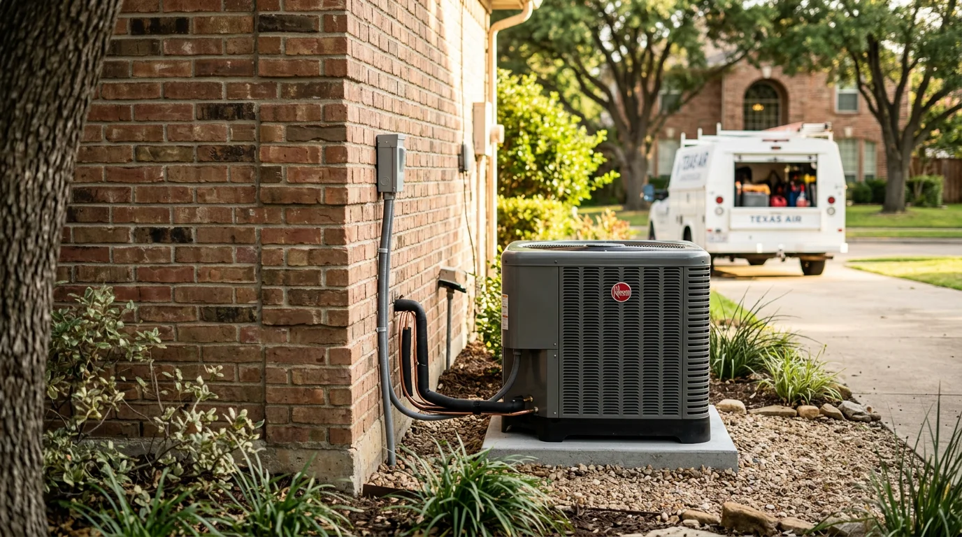 A new residential central air conditioning condenser unit installed on a concrete pad beside a single-family home in Denton, Texas. The old unit has been removed and the area around the new equipment is clean and properly cleared.