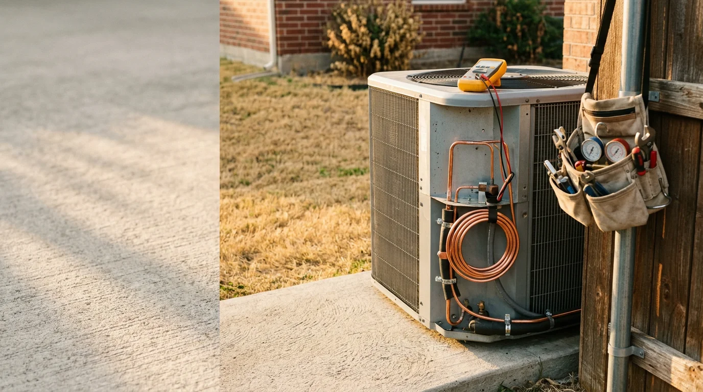 A residential AC outdoor condenser unit with a newly installed compressor in a Denton, Texas backyard. A technician from North Texas Environmental checks the system connections after completing the compressor replacement.