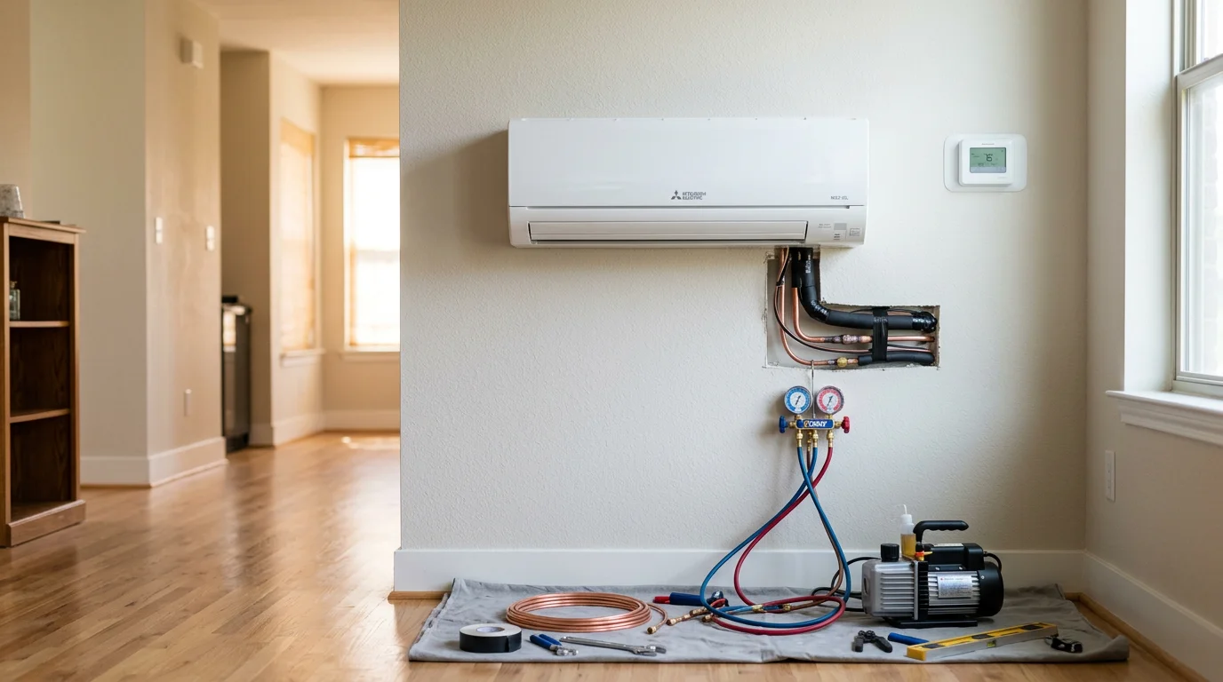 A wall-mounted ductless air handler installed in a residential room in Denton, Texas, with a small outdoor condenser unit visible through the window. The setup shows a clean, duct-free installation in a home addition with no visible ductwork.