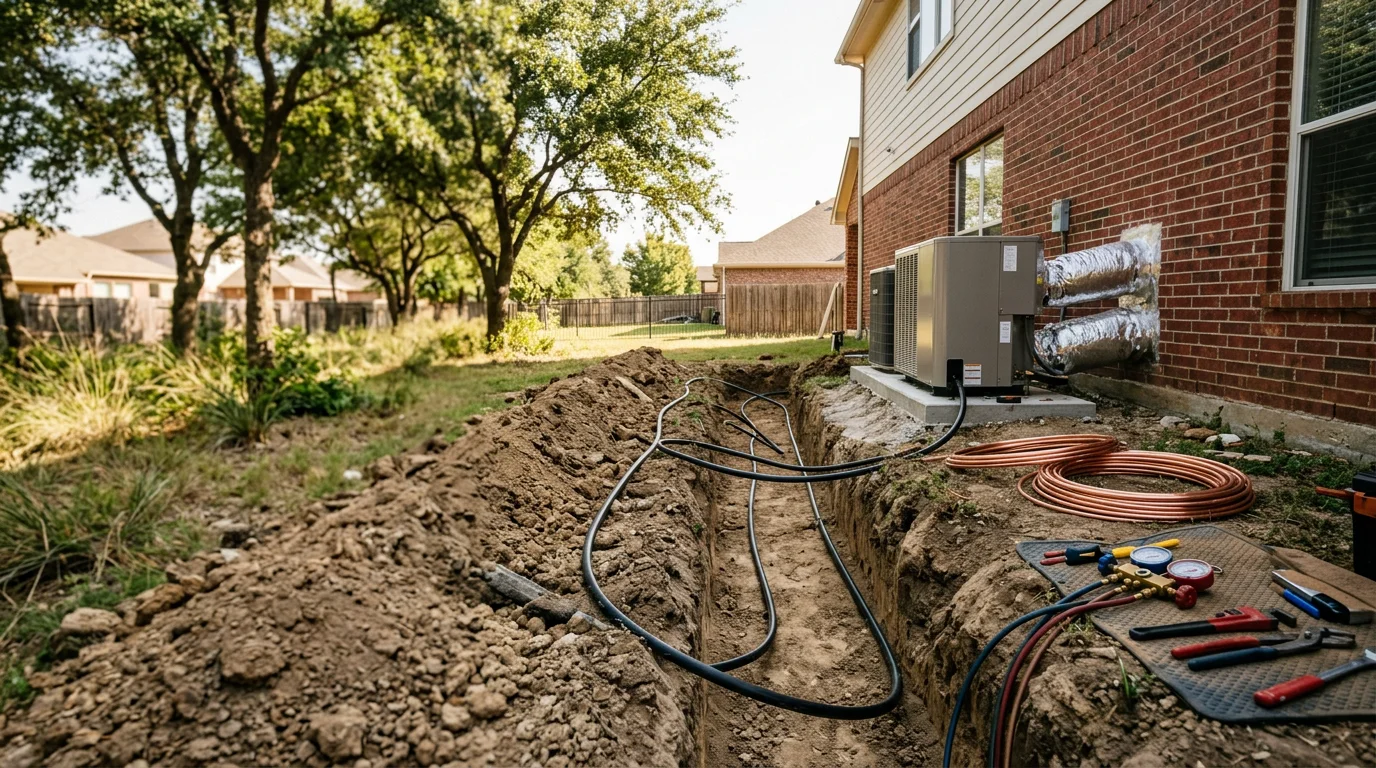 A geothermal heat pump indoor unit installed in a Denton, Texas home utility room, with ground loop piping connections visible. Excavated yard in the background shows horizontal loop trenches prepared for backfill on a North Texas residential property.
