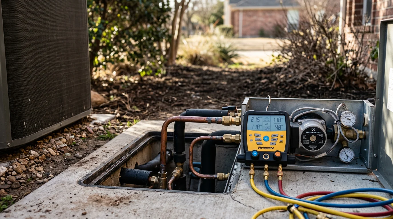 A North Texas Environmental technician inspecting the indoor heat pump unit of a geothermal system in a Denton, Texas home. The technician is checking electrical controls and system components as part of a geothermal system repair visit.
