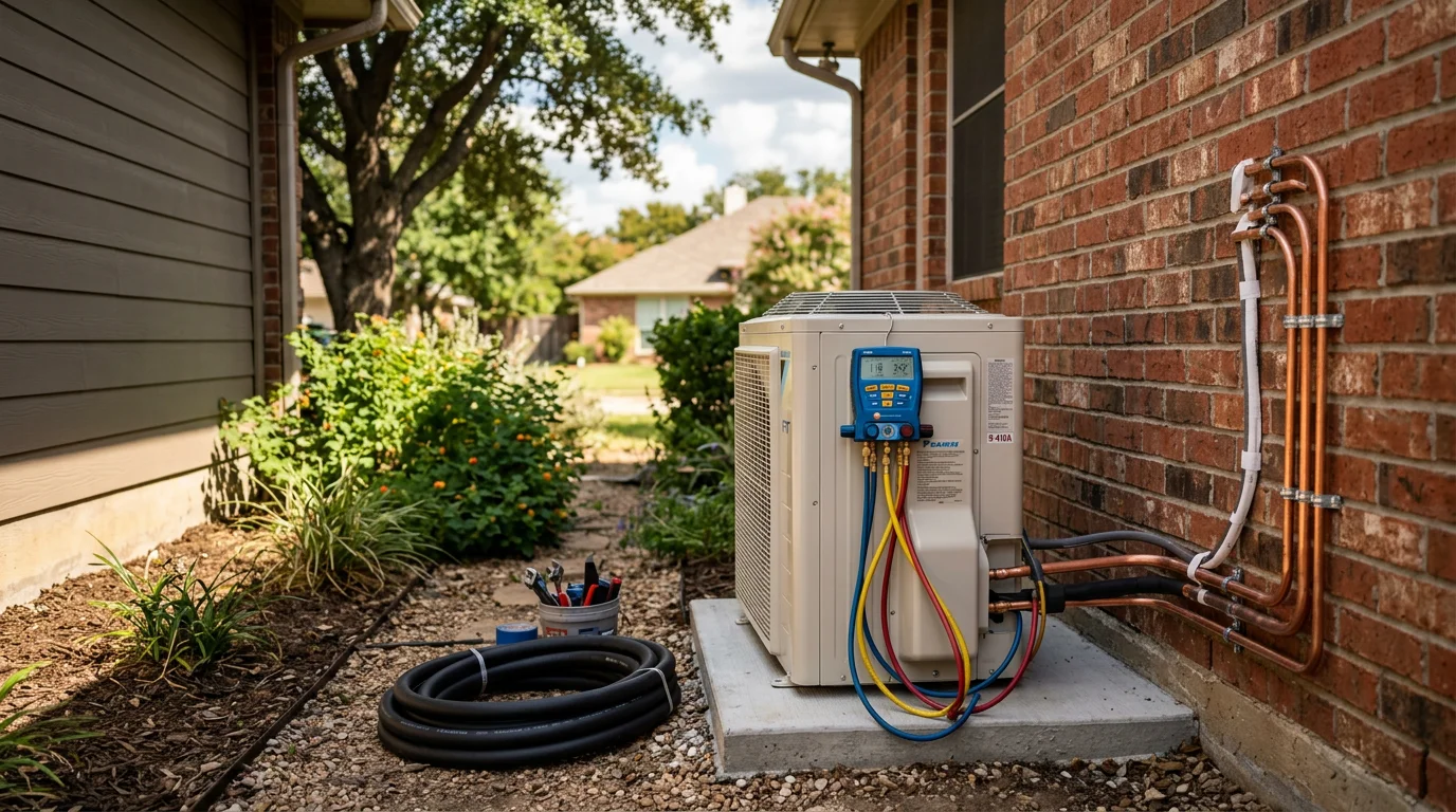 A new heat pump outdoor unit installed beside a single-family home in Denton, Texas, with the condenser set on a concrete pad and refrigerant lines running into the exterior wall. The surrounding yard shows typical North Texas landscaping with a clear view of the unit's placement away from fencing and shrubs.