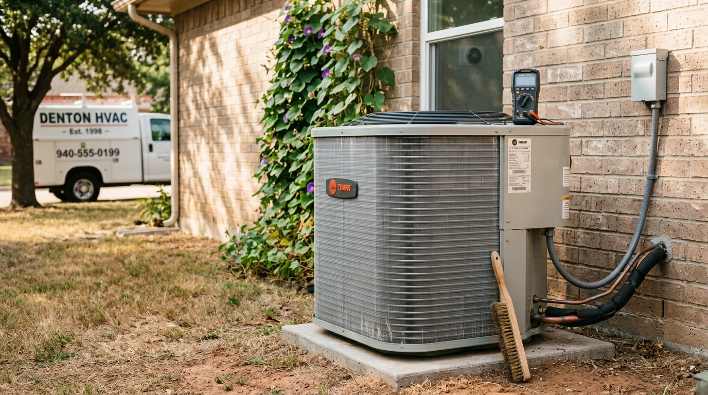 An HVAC technician cleaning the outdoor coil of a residential heat pump unit in a Denton, Texas backyard. The technician is inspecting electrical connections during a routine maintenance visit.