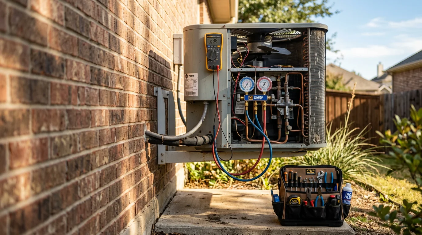 A heating contractor inspecting the outdoor unit of a residential heat pump at a home in Denton, Texas. The technician checks internal components on a clear day with a North Texas neighborhood visible in the background.