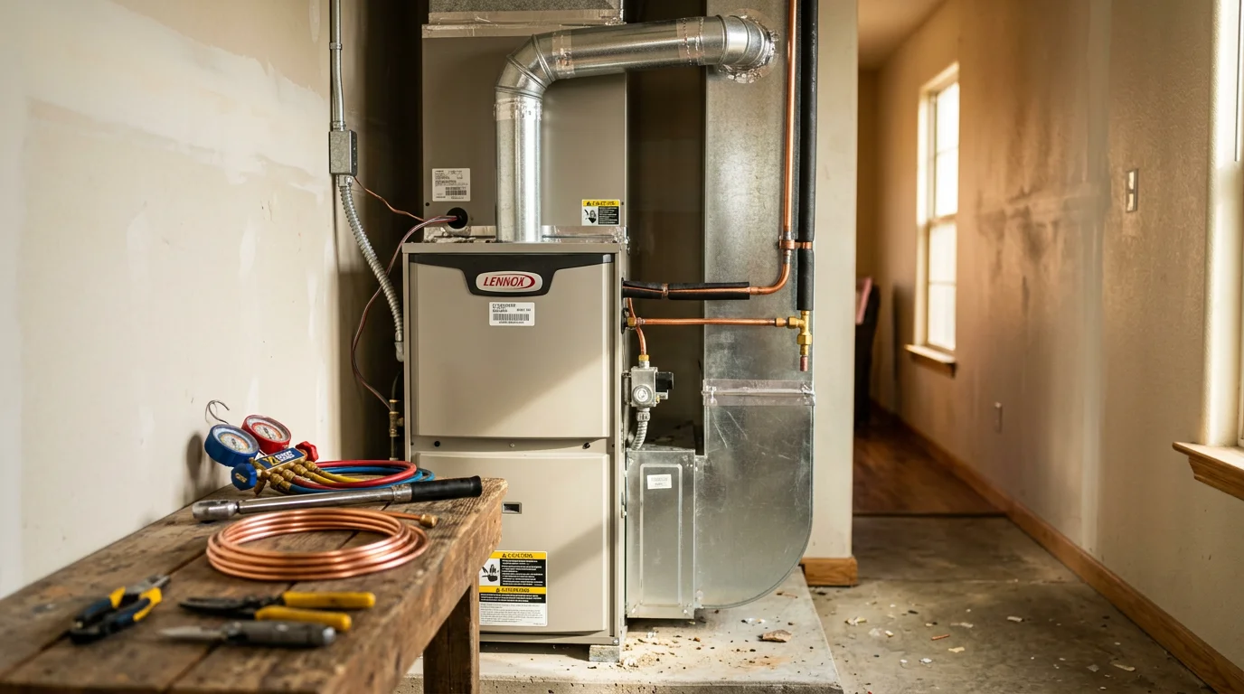 A newly installed heating system unit inside a Denton, Texas home, with clean ductwork connections and a properly mounted indoor air handler. The installation is set in a residential utility space typical of North Texas homes in the Denton County area.