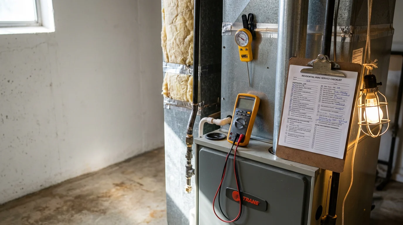 An HVAC technician inspecting a residential heating system in a Denton, Texas home, checking the furnace components and airflow controls during a seasonal maintenance visit.