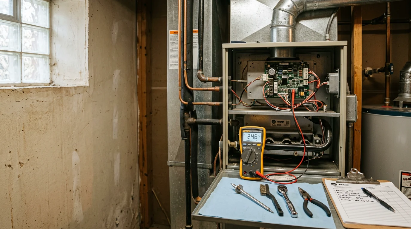 A technician inspecting a residential furnace heating system inside a Denton, Texas home. The image shows internal components including the heat exchanger and blower motor during a heating repair service call.