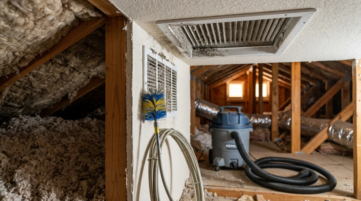 HVAC technician cleaning a supply duct vent in a Denton, Texas home, with removed vent cover and cleaning equipment visible. Dust and debris extracted from the duct system are shown during a professional duct cleaning service.