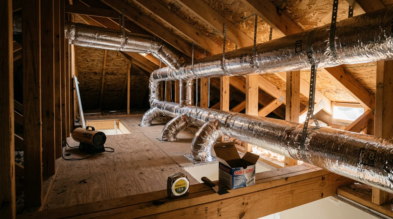 A technician installing insulated HVAC duct runs in the attic of a residential home in Denton, Texas. Supply ducts are routed from the air handler toward ceiling vents in the living area below.