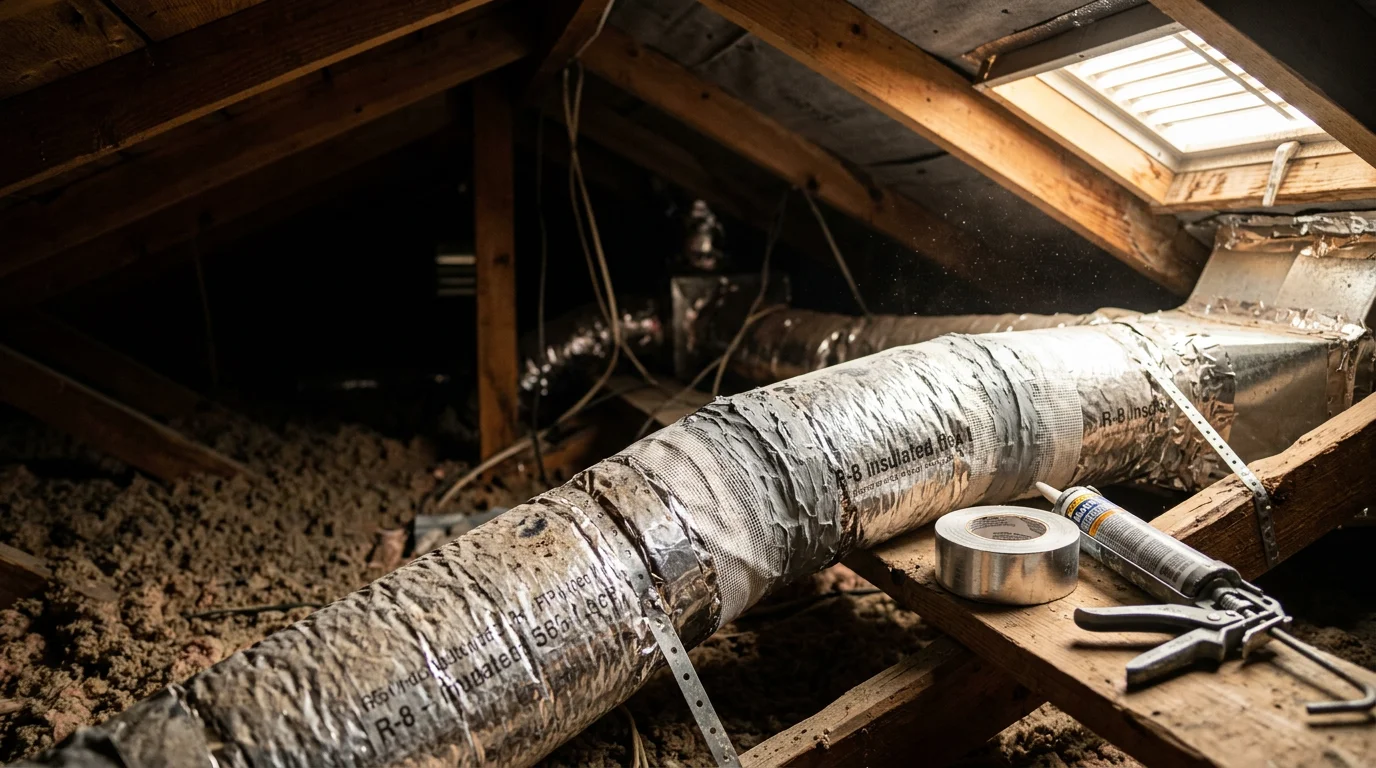 A technician inspecting and sealing a disconnected duct joint in the attic of a Denton, Texas home. Flexible duct runs and attic insulation are visible in the background.