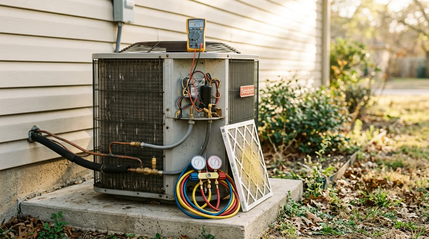 An HVAC technician inspecting and cleaning the outdoor condenser unit of a residential home in Denton, Texas. The unit sits beside a brick home typical of North Texas neighborhoods, with the technician checking coil condition during a routine maintenance visit.
