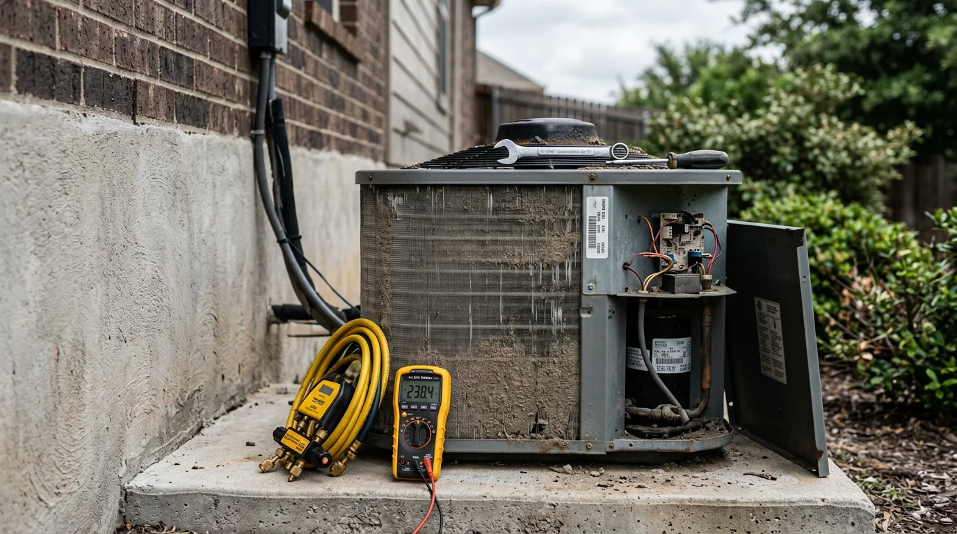 An HVAC technician inspecting an outdoor condenser unit at a residential home in Denton, Texas. The unit sits beside a brick exterior on a clear summer day, with the technician checking internal components during a system repair visit.