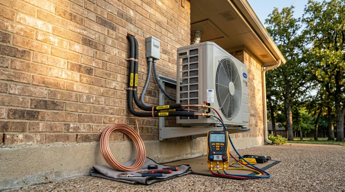 A new central air conditioning unit installed on the side of a residential home in Denton, Texas. The outdoor condenser sits on a concrete pad next to the house with clear refrigerant lines running to the exterior wall.
