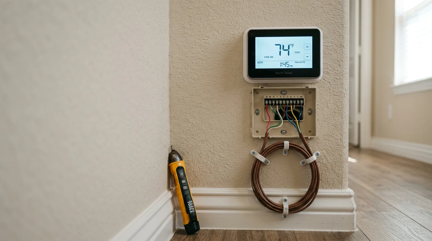 A newly installed thermostat mounted on an interior wall of a Denton, Texas home, with visible wiring connections secured and the display reading a set temperature.