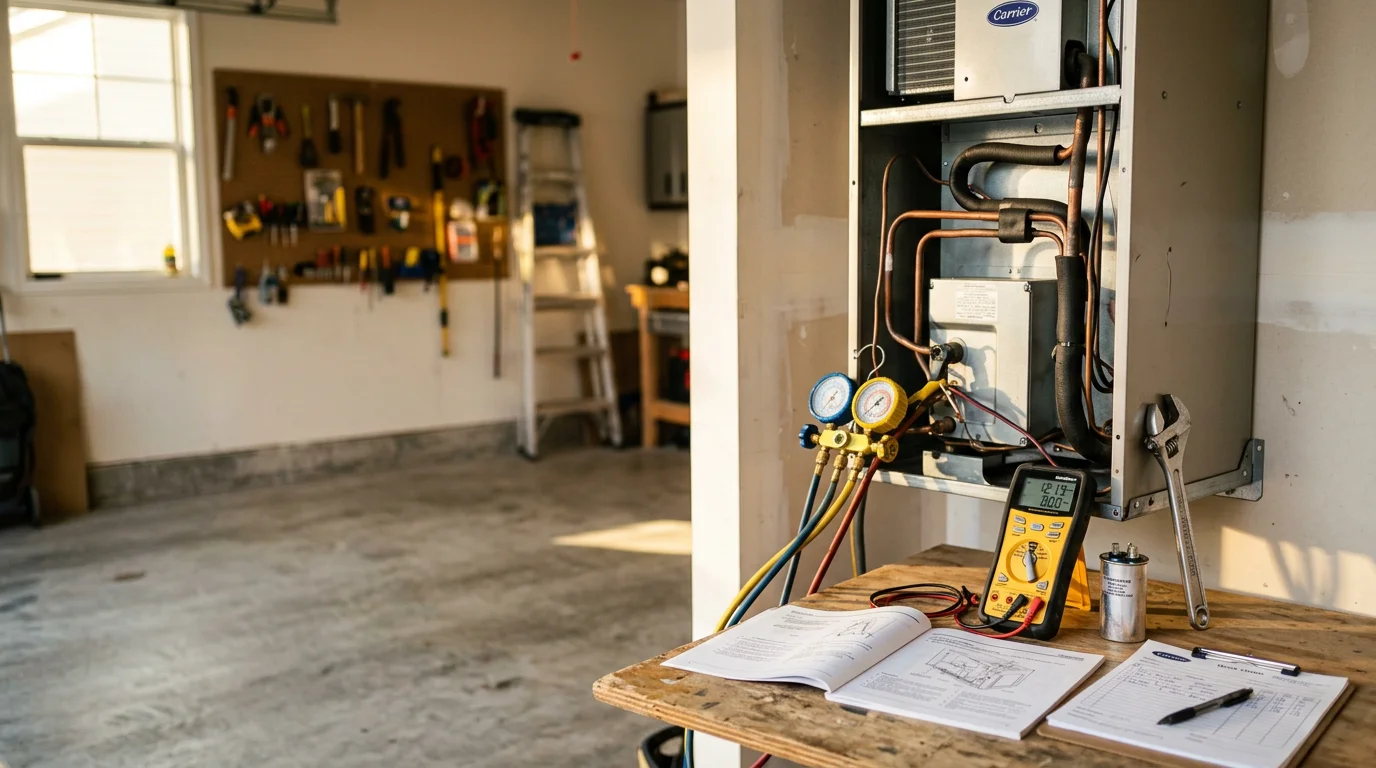 An HVAC technician inspecting an outdoor air conditioning unit at a residential property in Denton, Texas. The unit sits beside a brick home on a clear North Texas day, with service tools visible on the ground nearby.