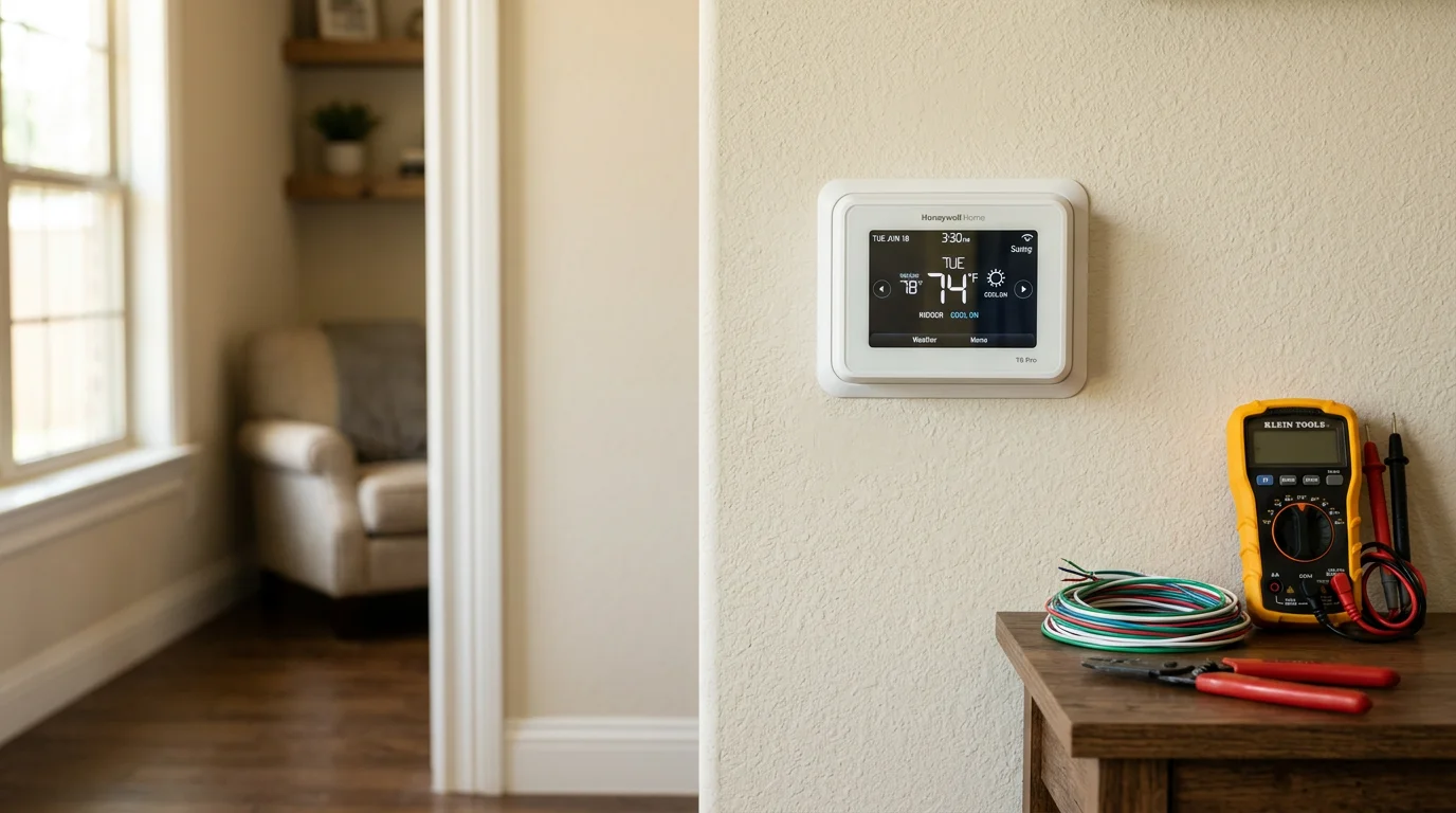 A newly installed programmable thermostat mounted on an interior wall in a Denton, Texas home, with an HVAC technician completing the final wiring check.