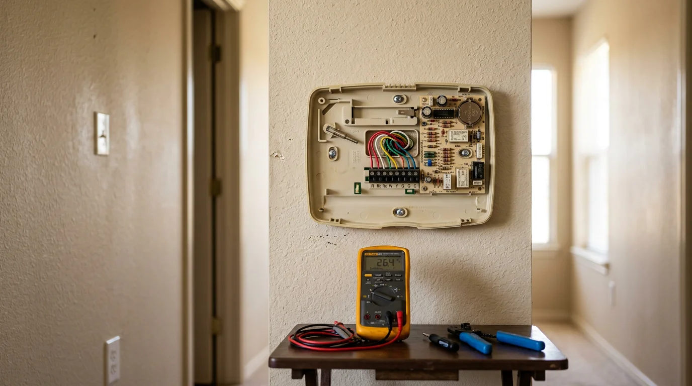 A residential thermostat mounted on an interior wall in a Denton, Texas home, with an HVAC technician inspecting the wiring connections behind the unit.